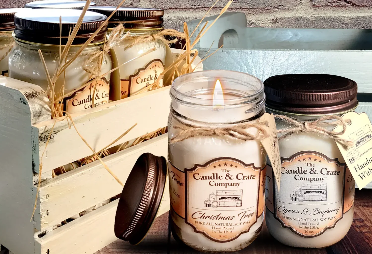 Mason jar soy wax candles with crate.